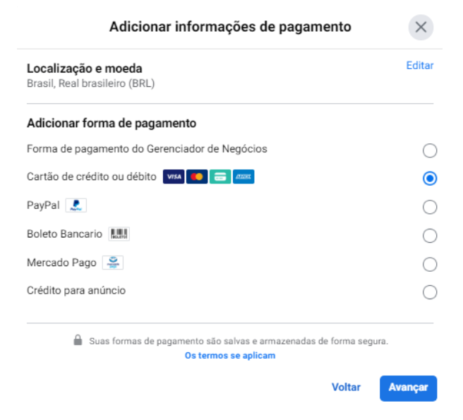 Como adicionar uma forma de pagamento no Gerenciador de Negócios da Meta?